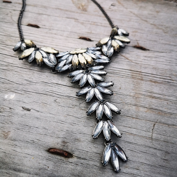 Smokey Gray and Light Amber Rhinestone Long Front Statement Necklace - Picture 5 of 15